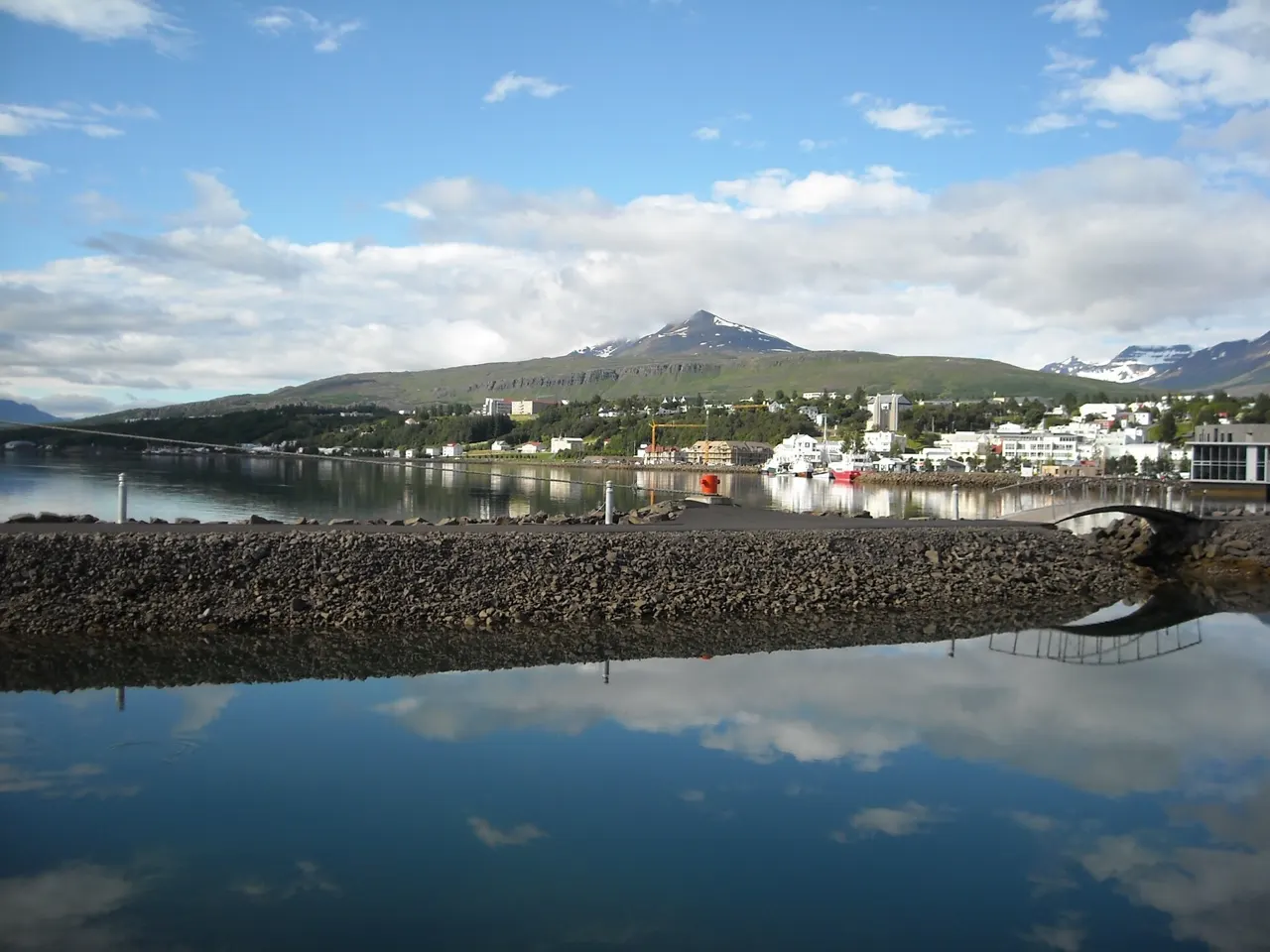 Akureyri harbour, town centre, hillside and Eyjafjörður