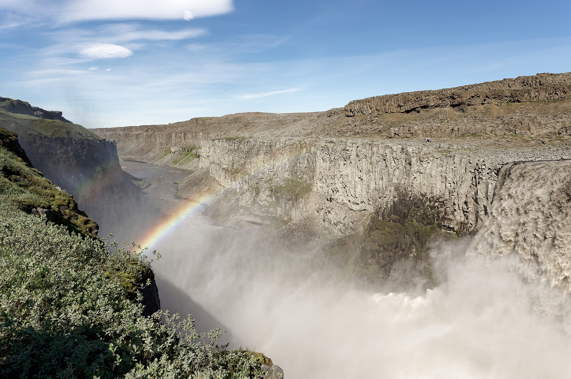 The broad cascade and canyon at Dettifoss in summer