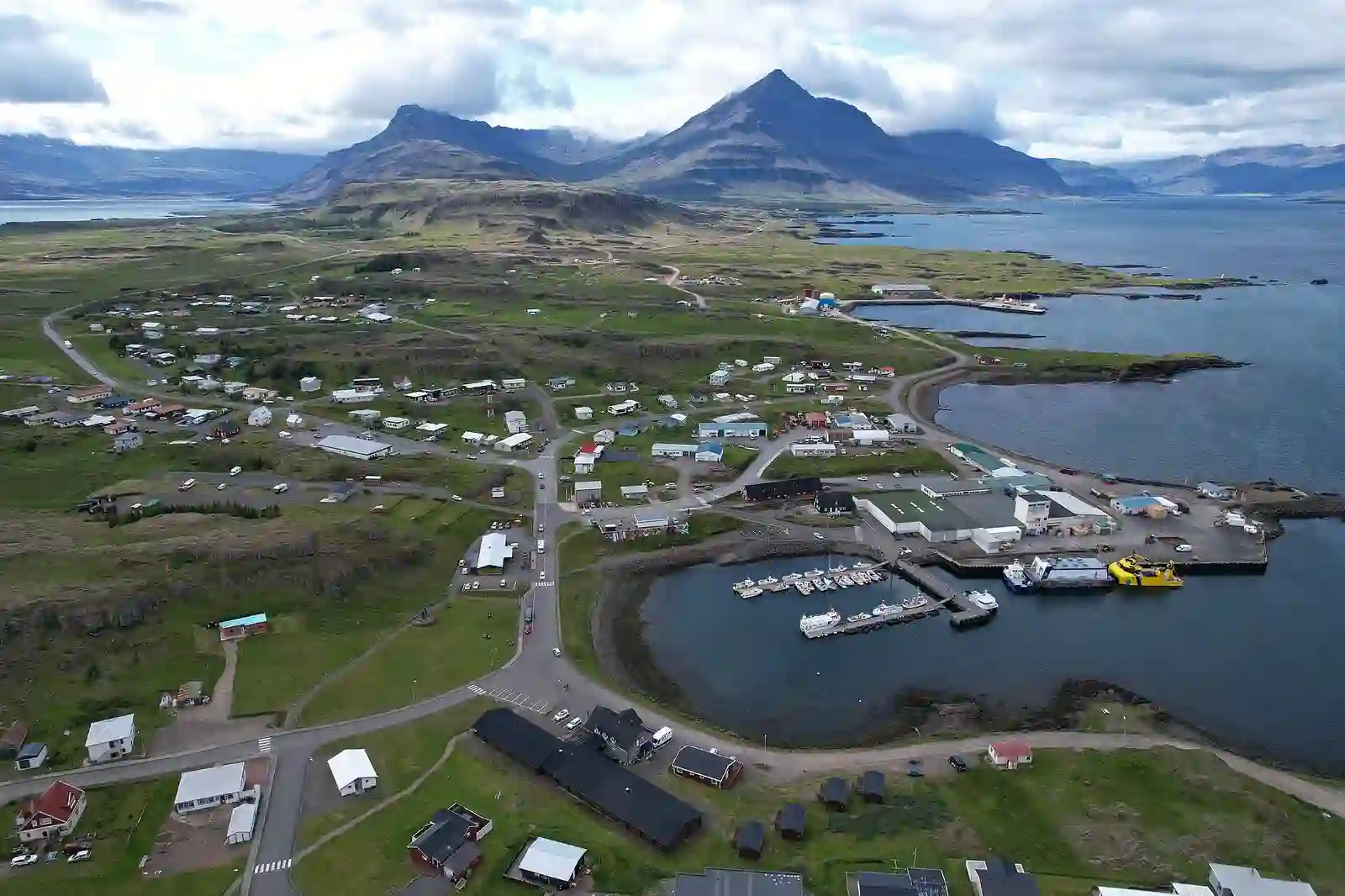 Djúpivogur harbour, town and Búlandstindur on Iceland’s southeast coast