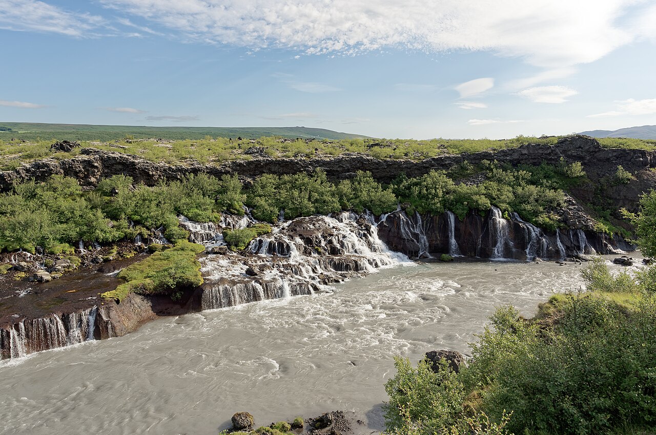 Hraunfossar lava falls and the Hvítá river in West Iceland