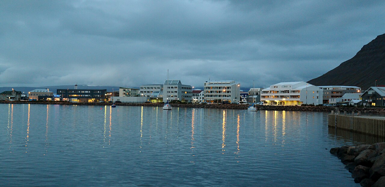 Ísafjörður harbour, narrow town, and mountain setting; not representative of port operations or weather on any specific date