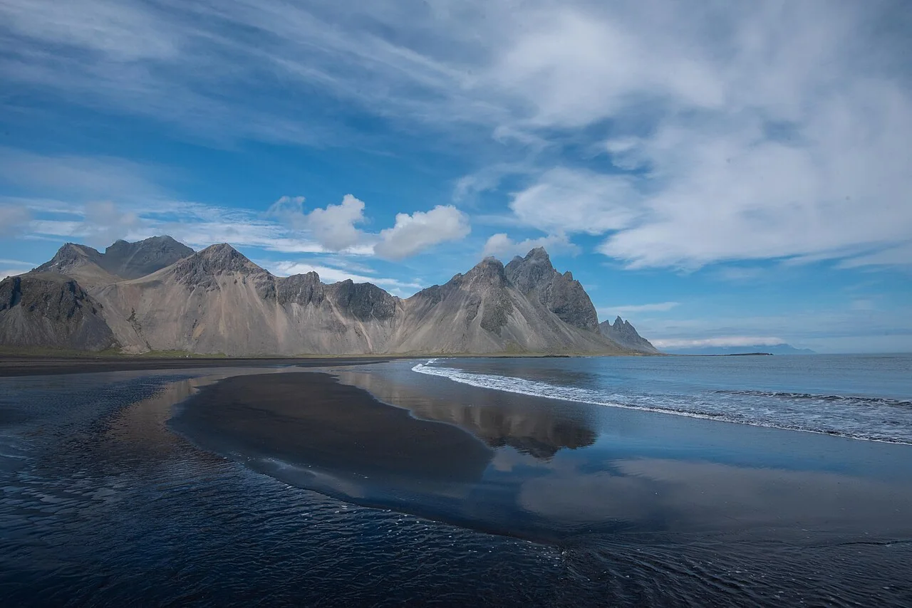 Stokksnes black sand beach and Vestrahorn mountain