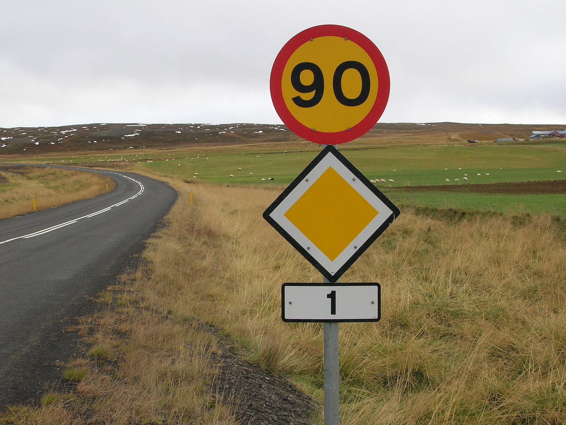 A Route 1 road sign in Iceland, used as context for Varmahlíð's crossroads position