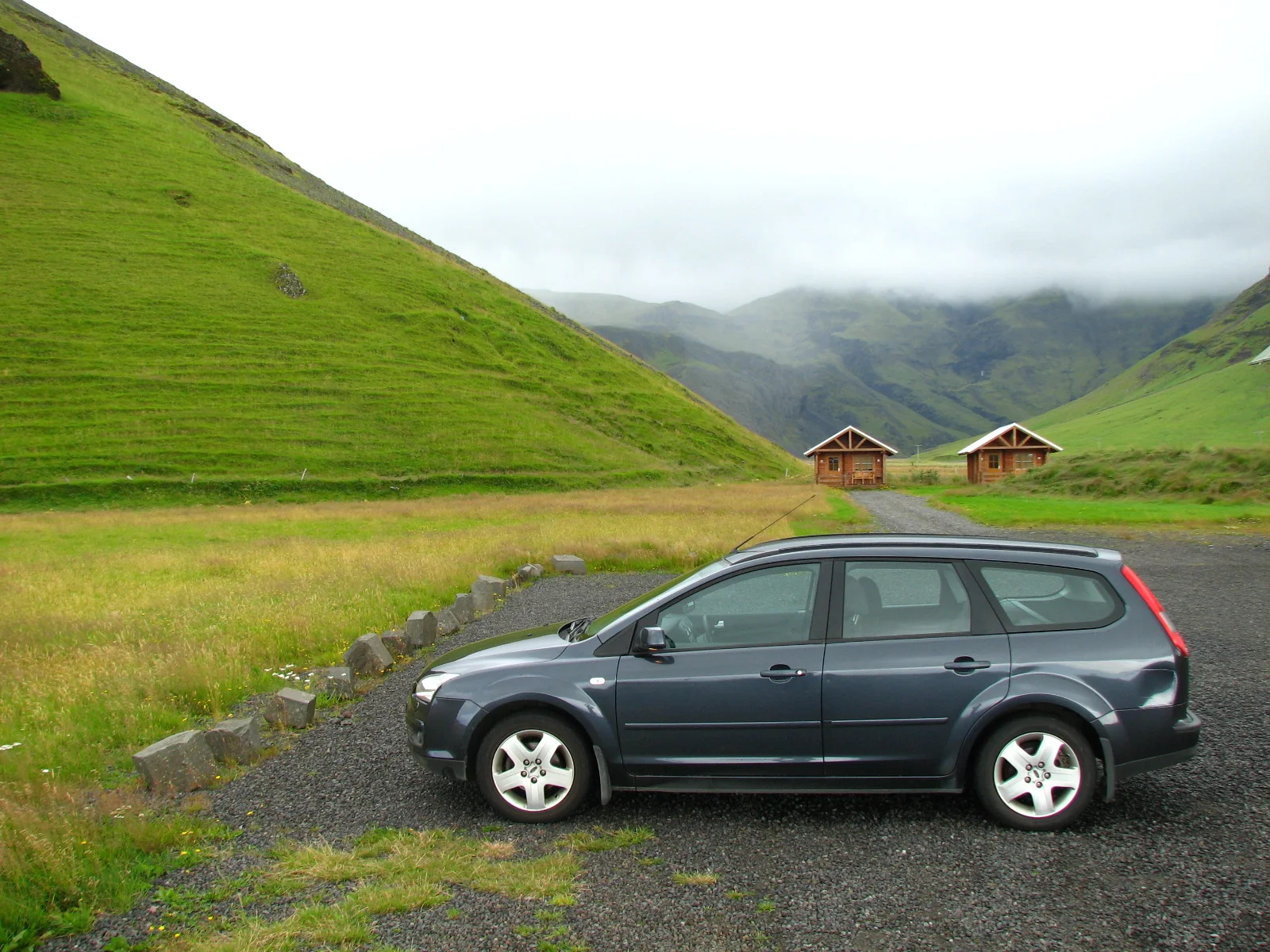 Luggage beside a rental car in Iceland