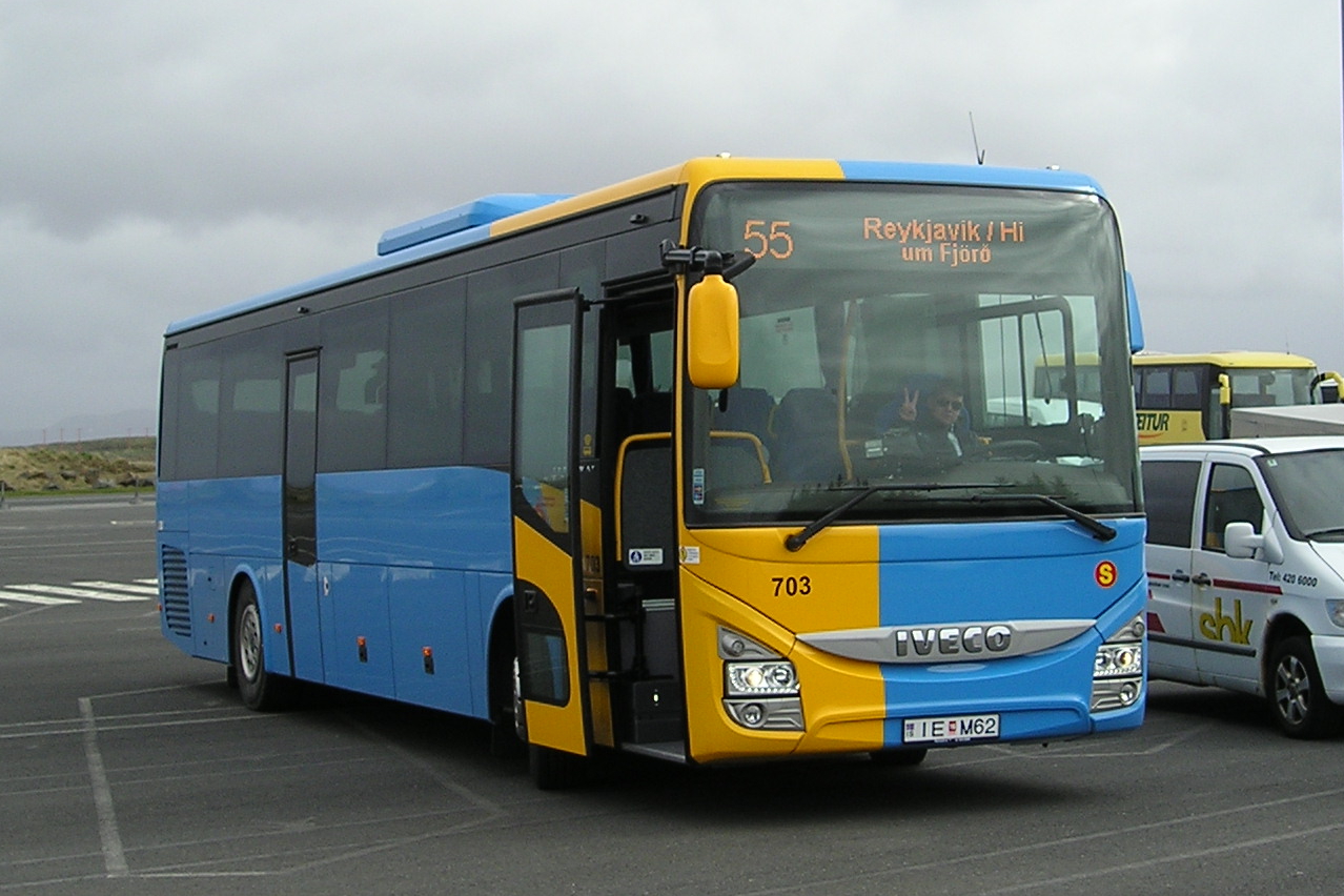 A Strætó Route 55 bus near Keflavík Airport; the photograph illustrates the setting for public-bus and airport transfers and does not represent current schedules or fares