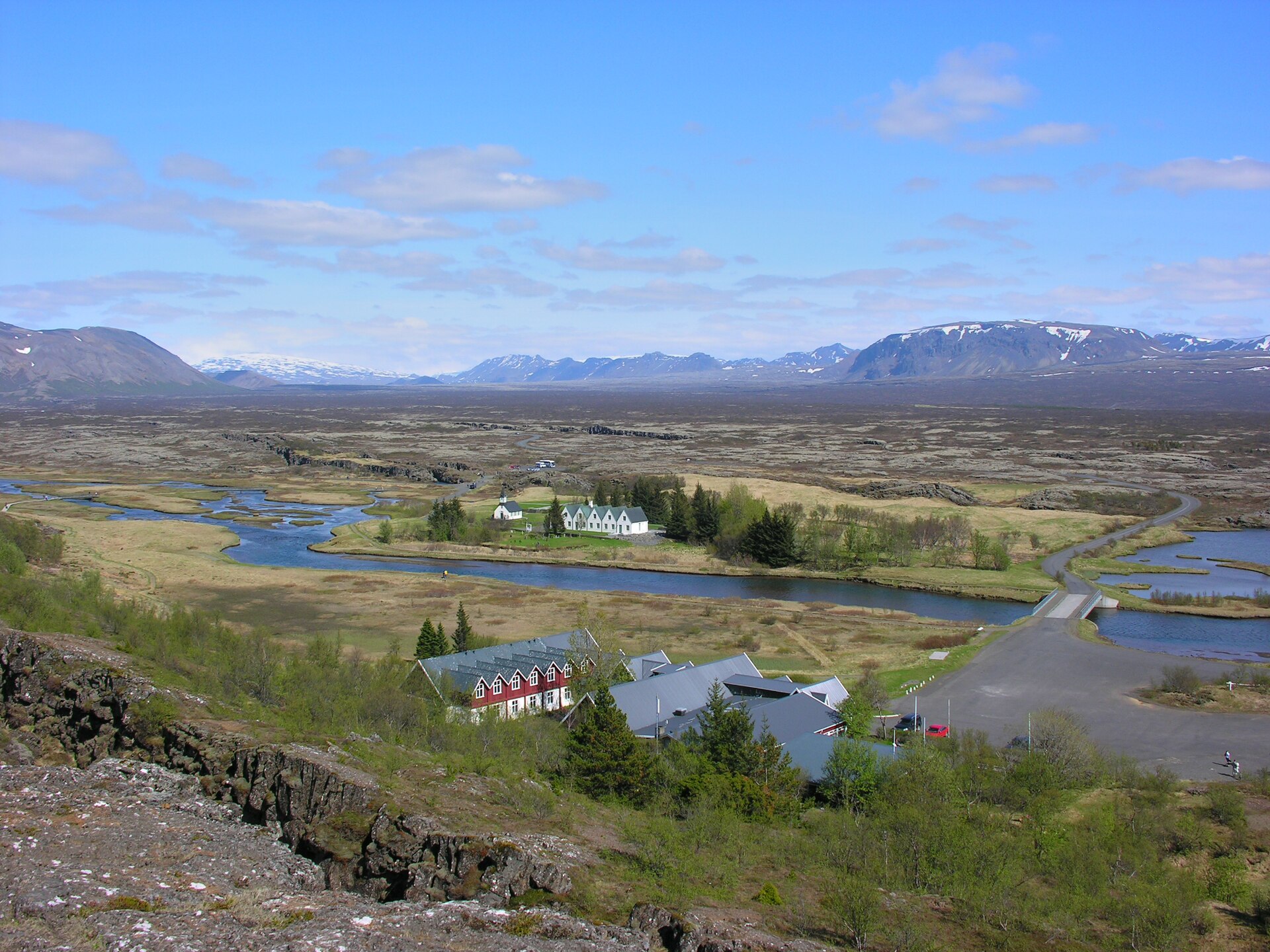 Þingvellir National Park roads, lake shore and parking seen from above