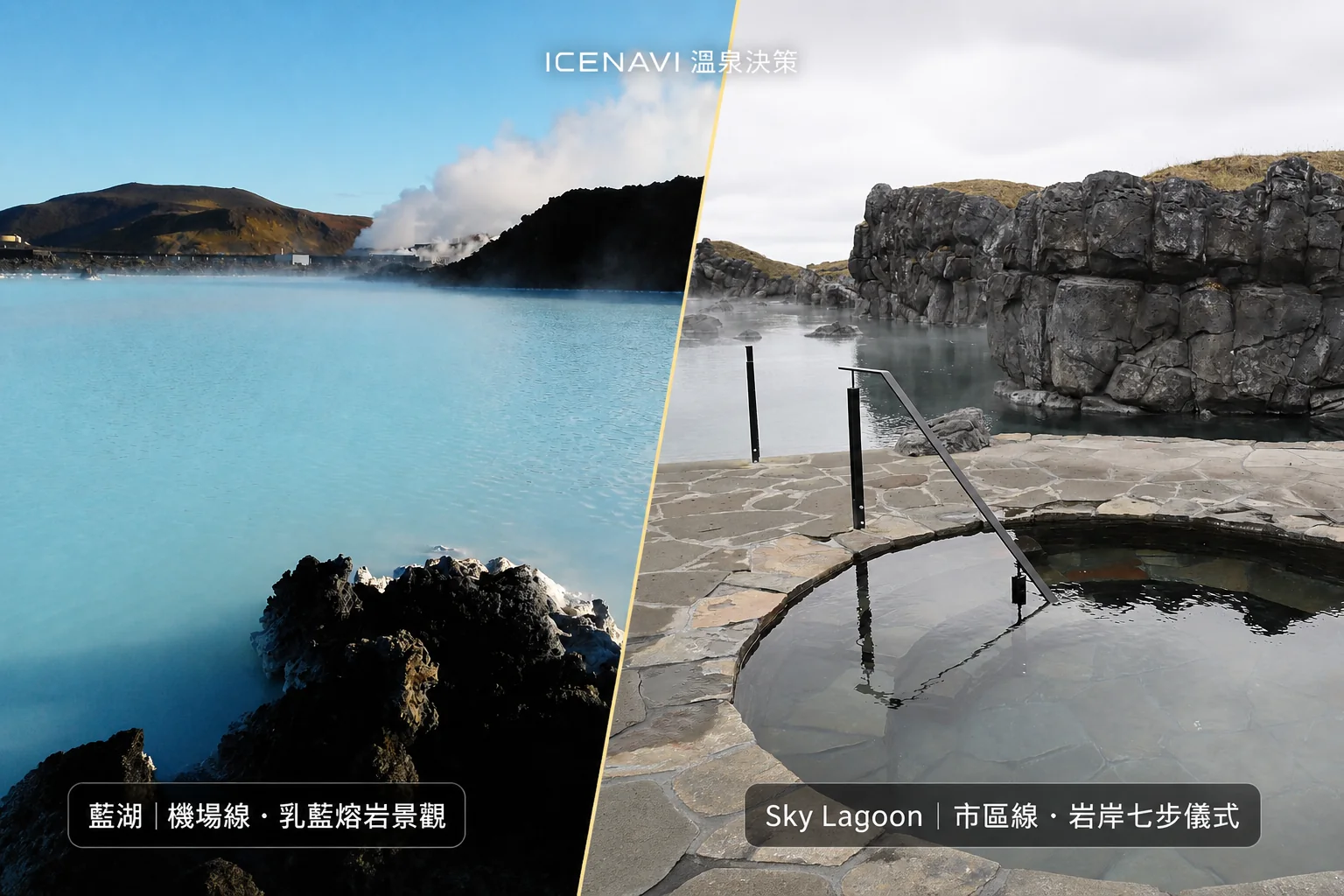 Real venue comparison of Blue Lagoon and Sky Lagoon: milky-blue geothermal water and black lava contrasted with Sky Lagoon's rock-edged design and cold plunge
