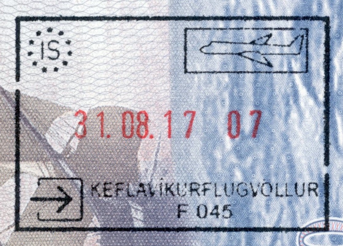 A genuine 2017 entry stamp issued at Keflavík, Iceland; a reminder that current border records may work differently and that it does not represent today's entry stamp or permission to stay