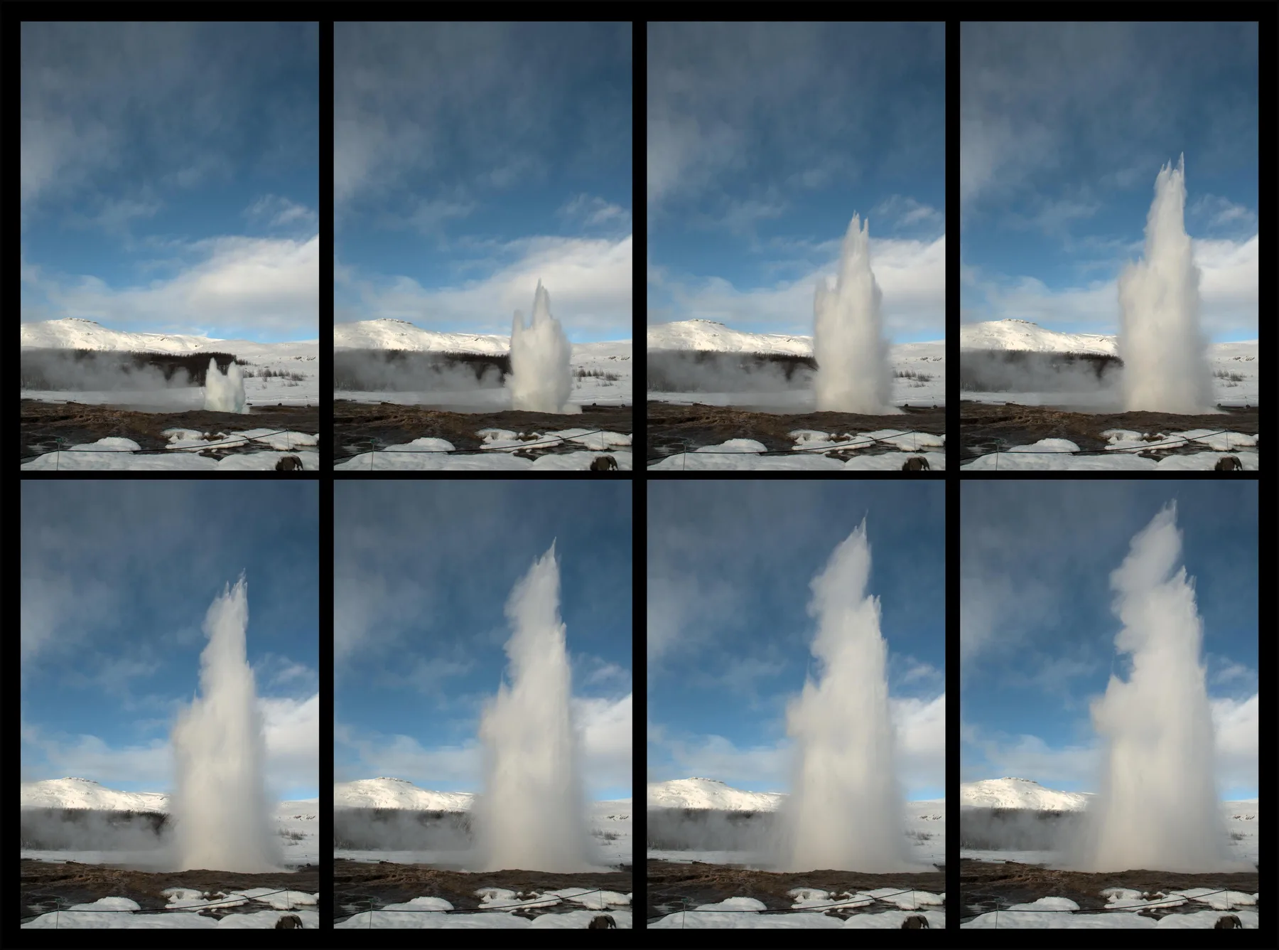 A four-frame sequence of Strokkur erupting