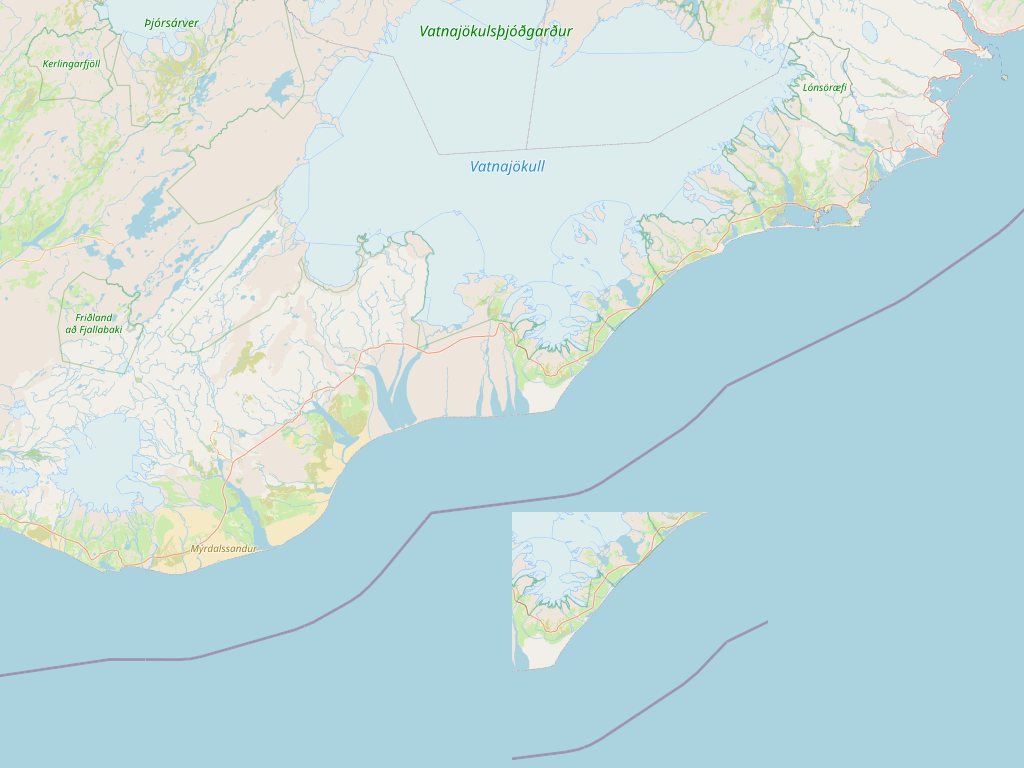 OpenStreetMap base map showing the South Coast from Vík to Höfn