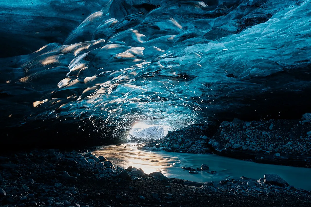 A natural blue ice cave in the Vatnajökull region